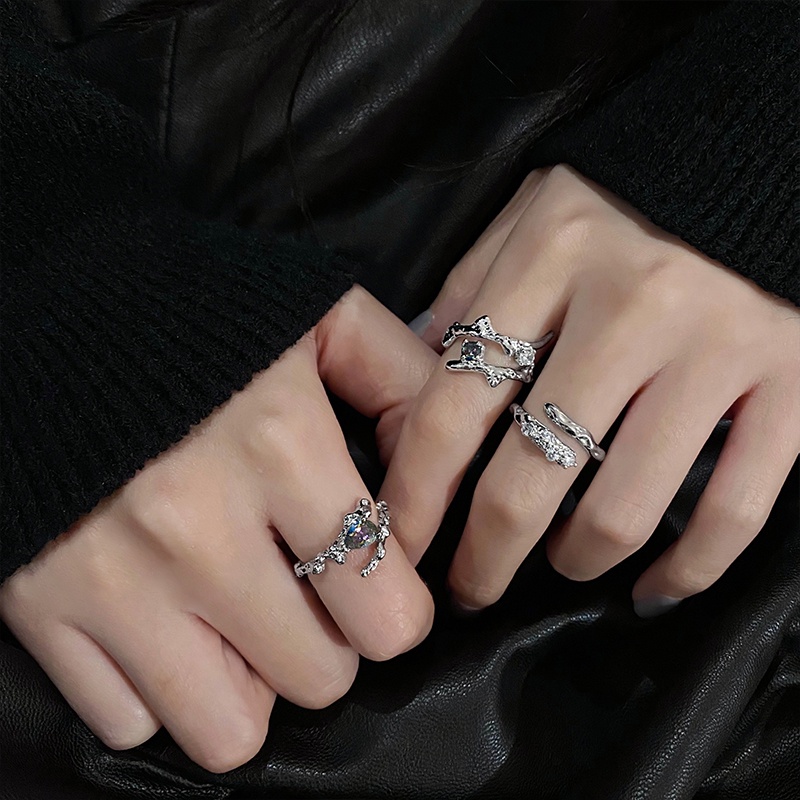 YEEZII 3pcs / Set Cincin Model Terbuka Bahan Silver Desain Geometri Hias Zircon Gaya Retro Kreatif Adjustable Untuk Wanita