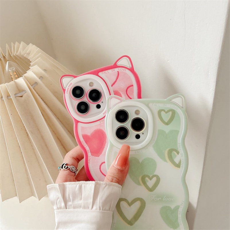 Soft Case Bahan Kulit Anti Jatuh Untuk Compatible for iPhone 14 13 12 11 Pro Max iPhone X Xr Xs Max SE 2020 iPhone 8 7 6 6s Plus Fashion Love Heart Transparent Phone Case Square Straight Cube Shockproof Cat Ear Phone Case Anti-fall Soft TPU Back Cover