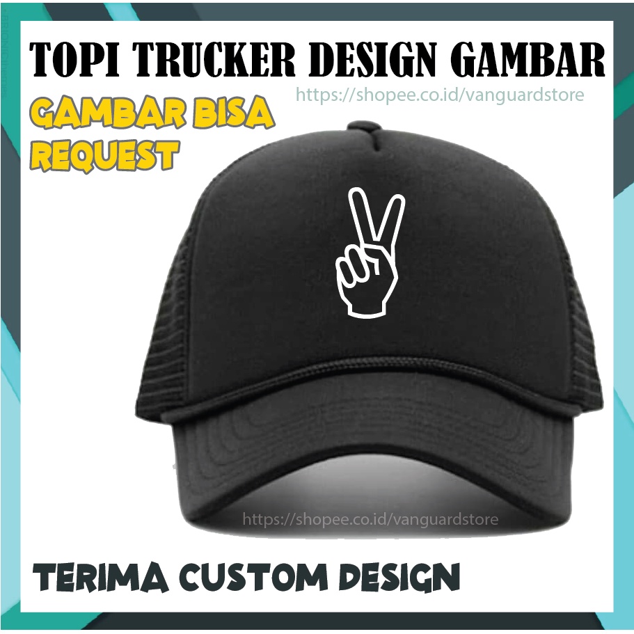 CUSTOM TOPI PRIA WANITA TRUCKER HAT JARING DESIGN GAMBAR PEACE TANGAN - PREMIUM