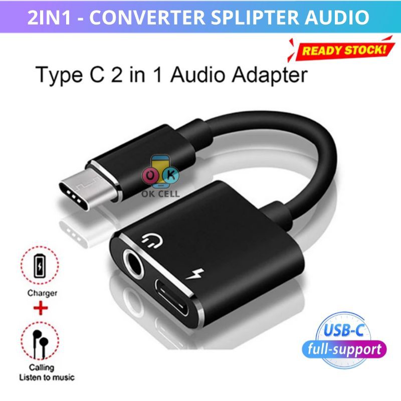 2IN1 Adapter Connector Converter Splitter Sambungan USB Type C To Audio Jack 3.5 PREMIUM