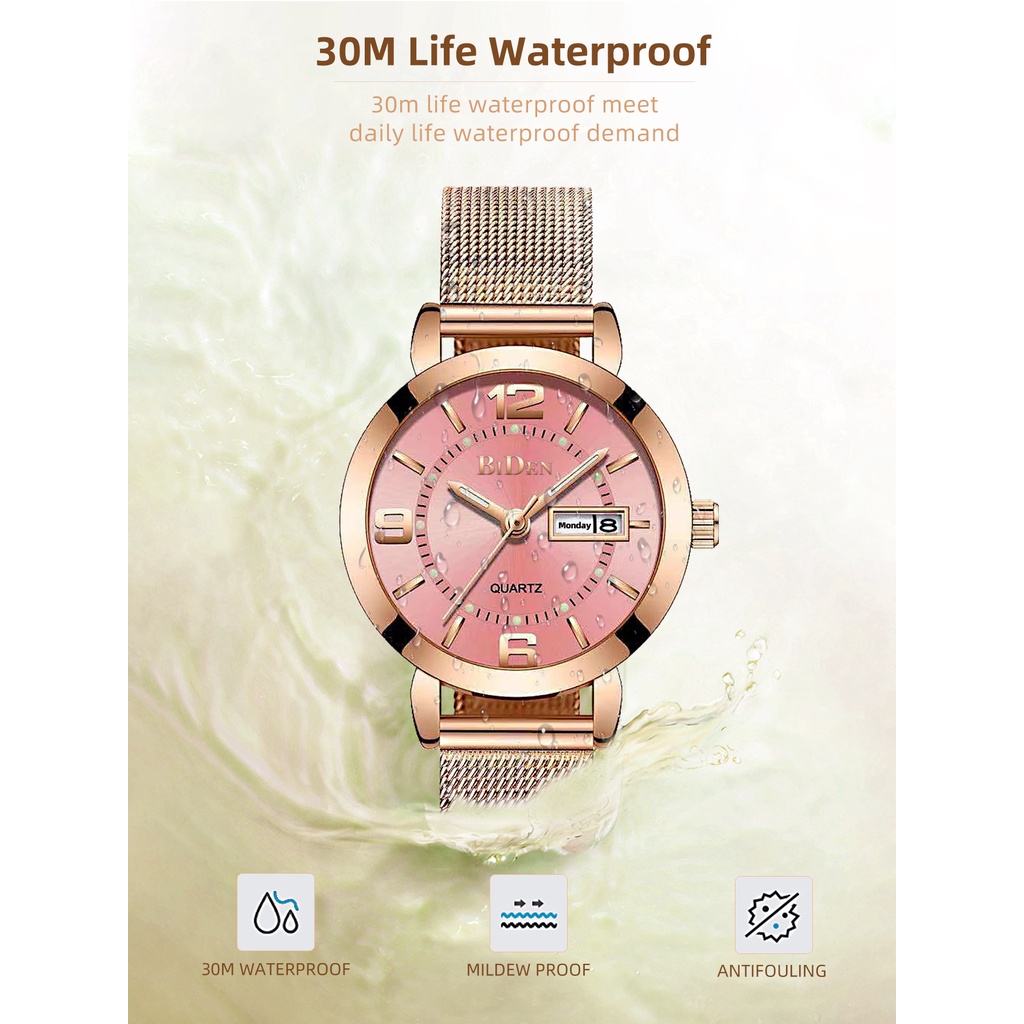 Biden 602 Jam Tangan Wanita Analog Mesh Band Calendar Quartz Watch Original Water Resistant 30 Meter