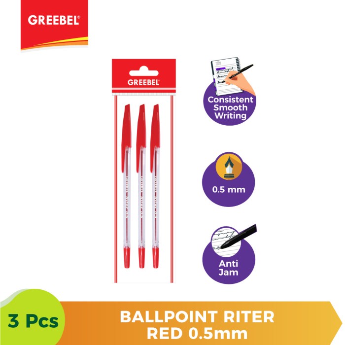 Ballpen Merah Pulpen Greebel Ballpoint Riter0.5 Red - 3pcs.