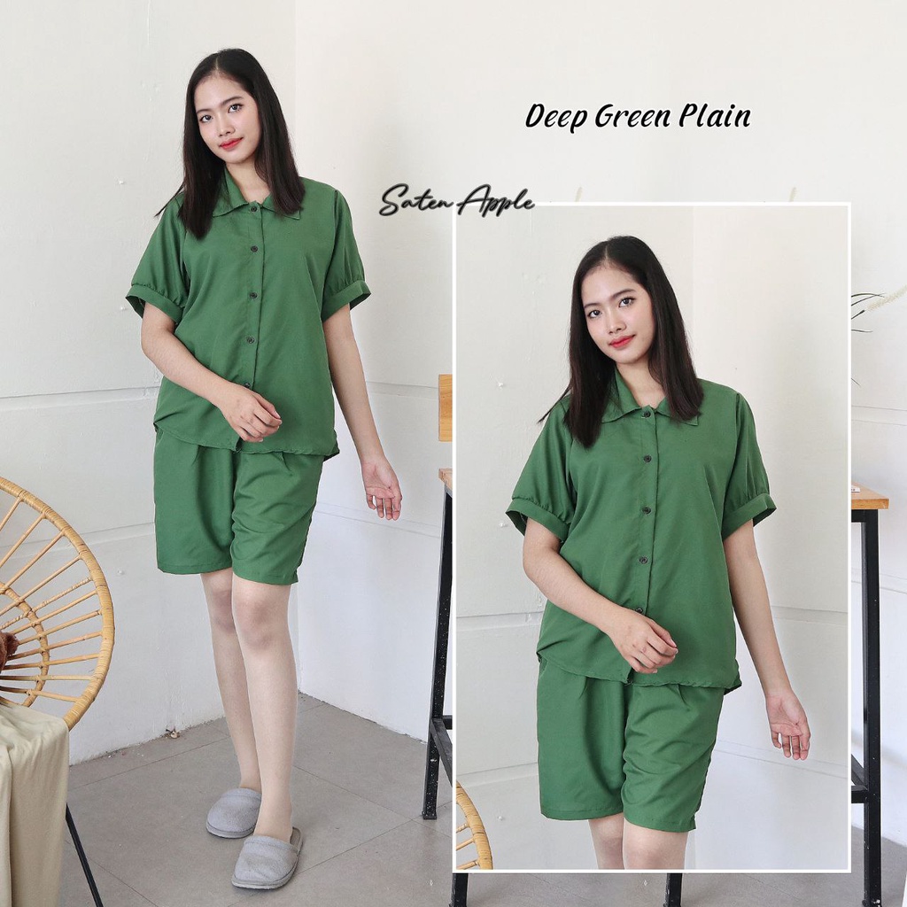 IZANY Piyama Dewasa Hotpant Lengan Balon / HP / Set Celana Pendek Dewasa banyak varian RAYON-DEEP GREEN PLAIN SA