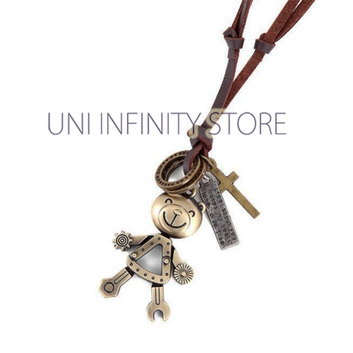 JWNE0468 Kalung Kulit Boneka Beruang Mekanik Mesin Perunggu Unisex Pria Wanita Bronze Mechanic Machi