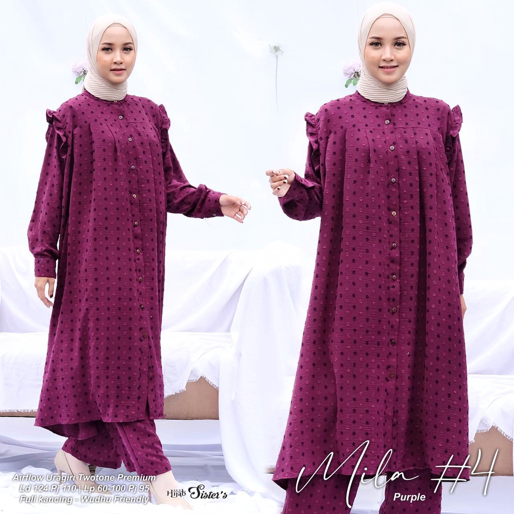 Hijab Sisters Mila One Set Baju Setelan Wanita Long Tunik Bahan Airflow Premium LD 124-3