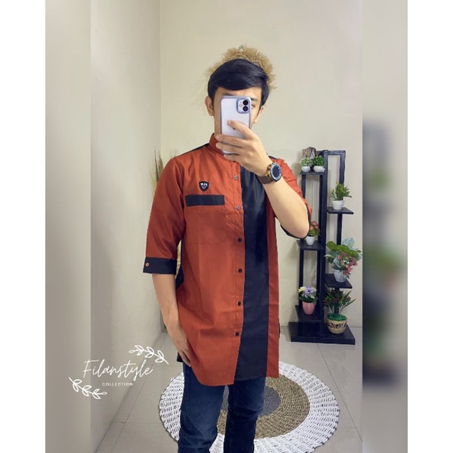 Koko Kurta Modern Warna Merah Bata Hitam