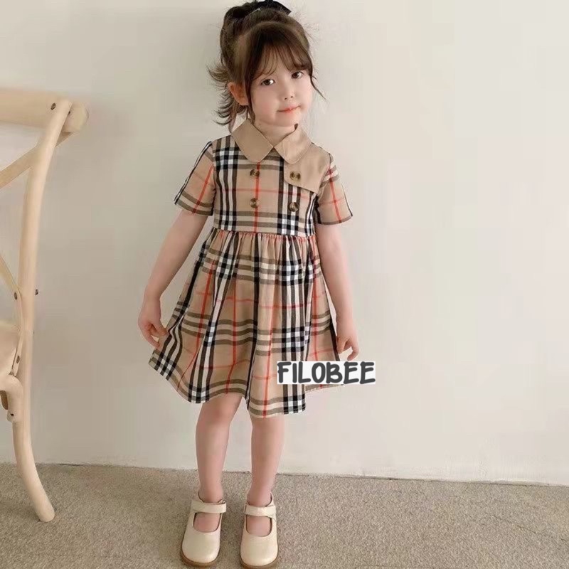 BAJU DRESS ANAK PEREMPUAN BAHAN KATUN MOTIF BUrBEERY SIZE 2 TAHUN - 5 TAHUN BERKUALITAS PREMIUM DAN MURAH