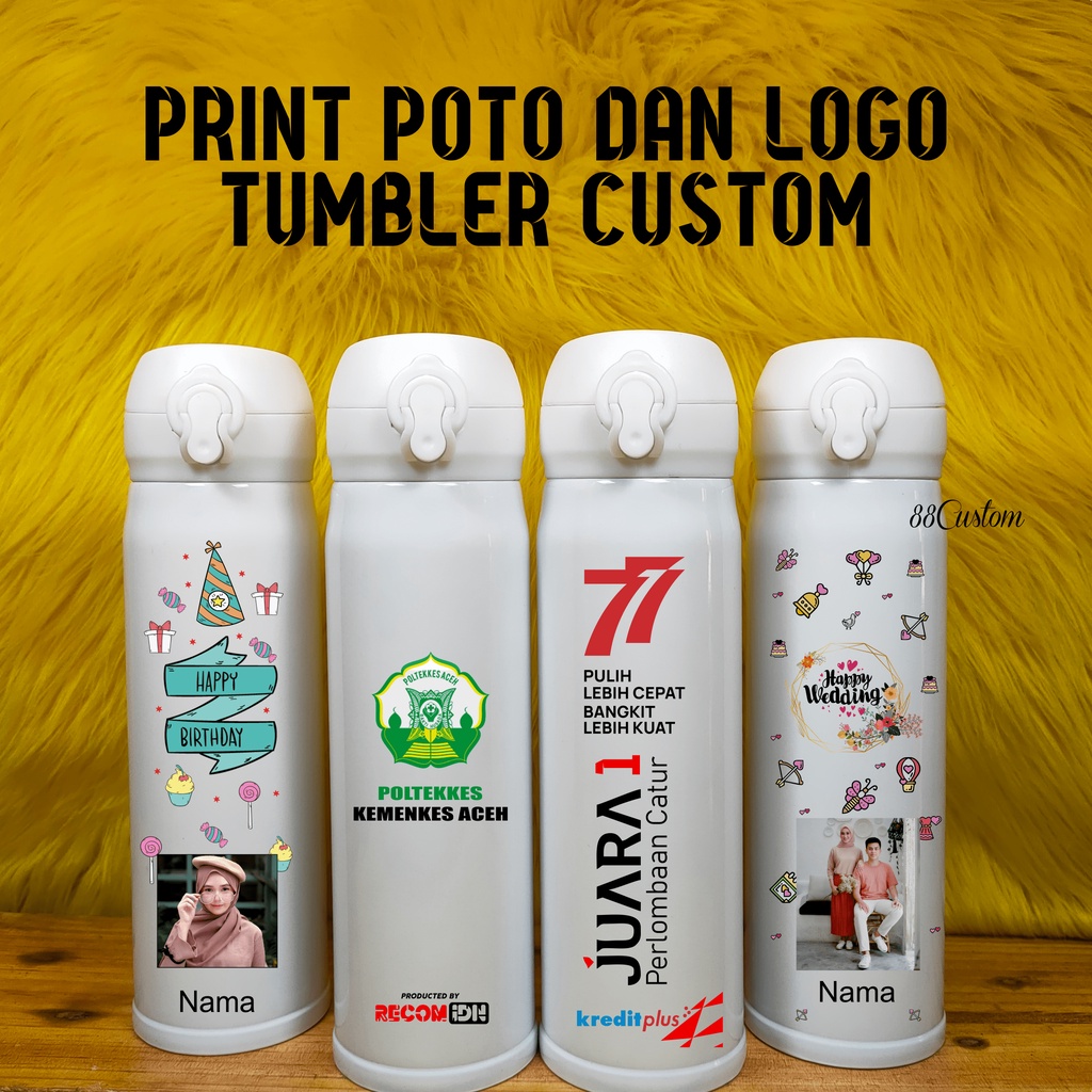 Botol Minum Tumbler Print Poto dan Kata Custom Desain Termos