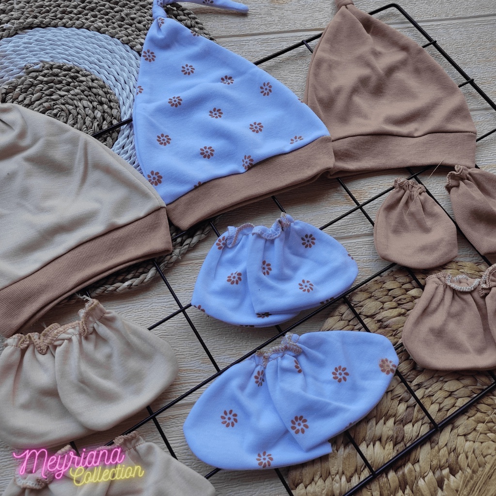 Seri Coklat - 3 PCS Topi Bayi Baru Lahir 3 Pasang Sarung Tangan Bayi 3 Pasang Sarung Kaki Bayi Usia 0-3 Bulan Meyriana Collection