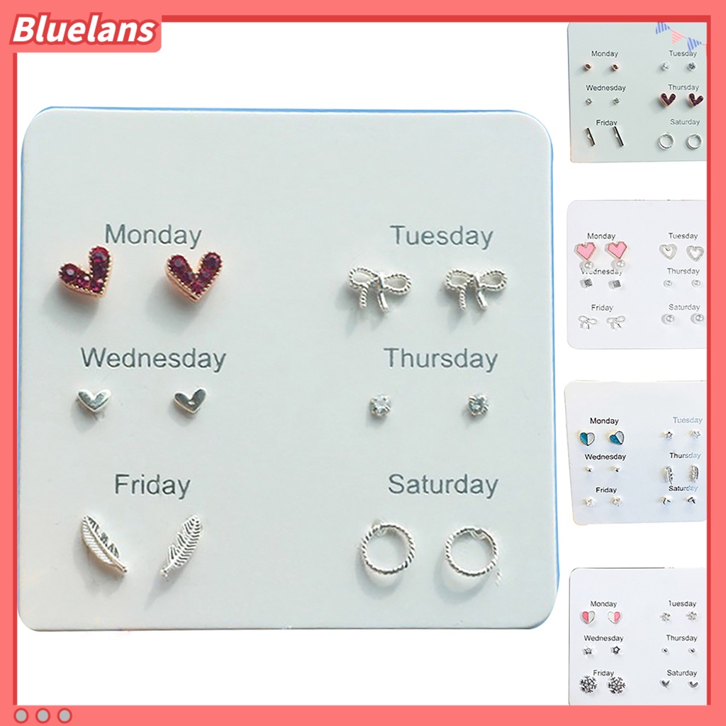 Bluelans 6 Pairs Women Fashion Heart Bowknot Feather Stud Earrings Ear Studs Jewelry Gift