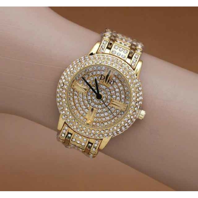 JAM TANGAN WANITA_DIOR_DONAT GOLD FULL DIAMOND FREE BOX KANCING JAM TANGAN MURAH
