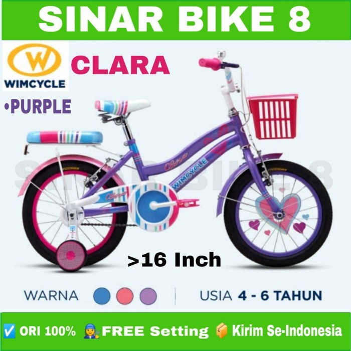 Sepeda Anak Perempuan WIMCYCLE CLARA Ukuran 16 dan 18 Inch Keranjang Garansi