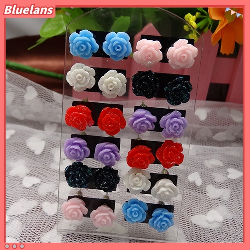 Bluelans 12 Pairs Women Fashion Rose Flower Mixed Color Flower Ear Stud Earring