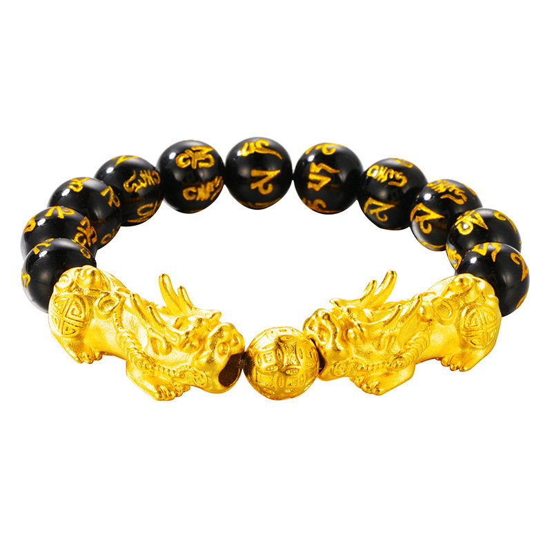 Gelang Manik-Manik Batu Akik Obsidian Warna Emas Untuk Pria