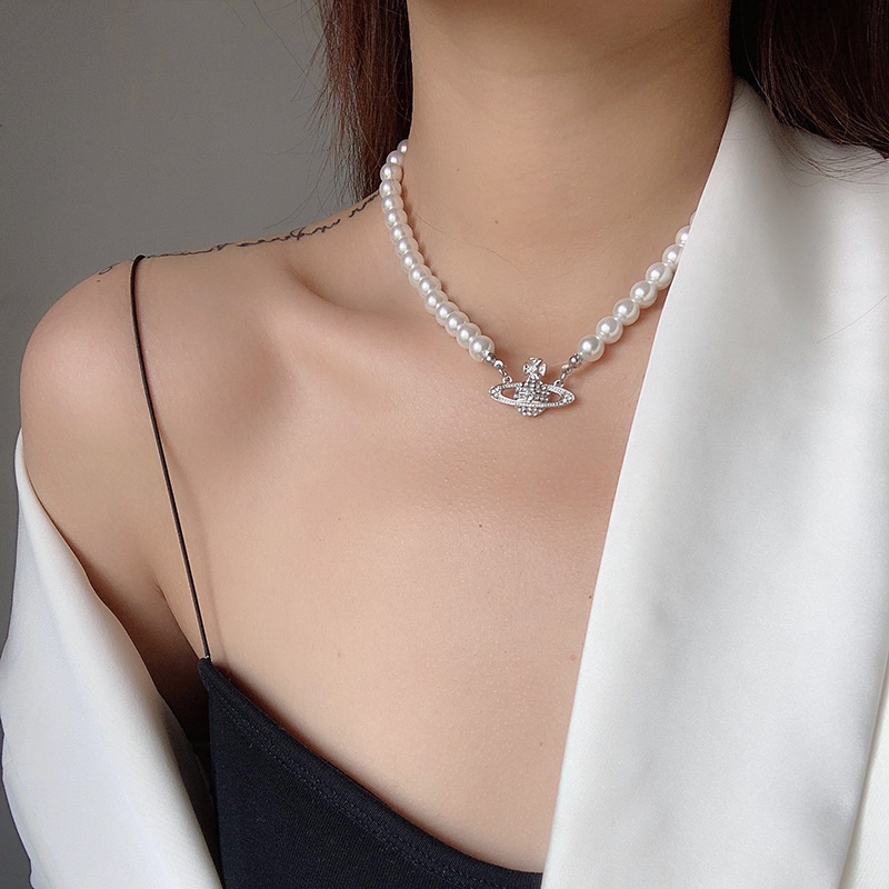 Kalung Rantai Klavikula Hias Mutiara Berlian Saturnus Planet Gaya Korea