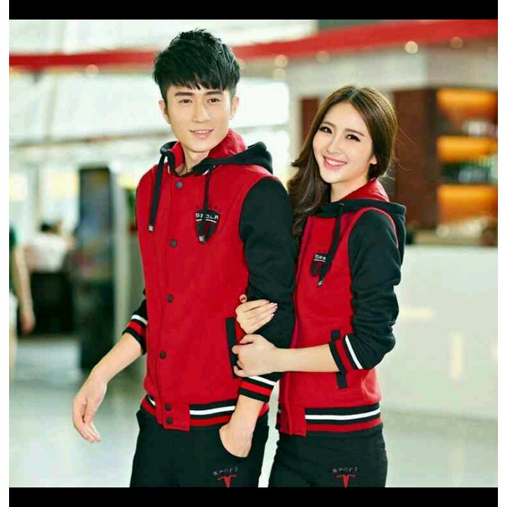 jaket hoodie couple sport merah hitam babyterry