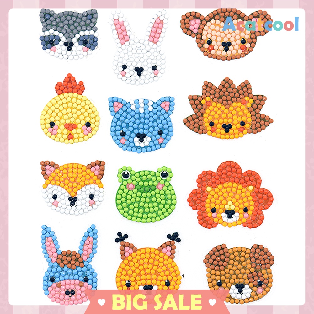 12pcs DIY Painting Kit Color Animal Head Self-adhesive Rhinestone Sticker