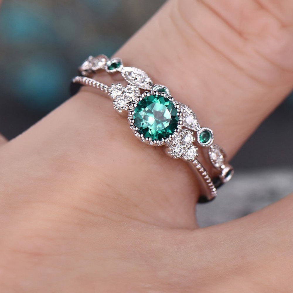 2pcs Cincin Pasangan Ukuran 6-10 Dengan Zircon Emerald Untuk Hadiah Pernikahan