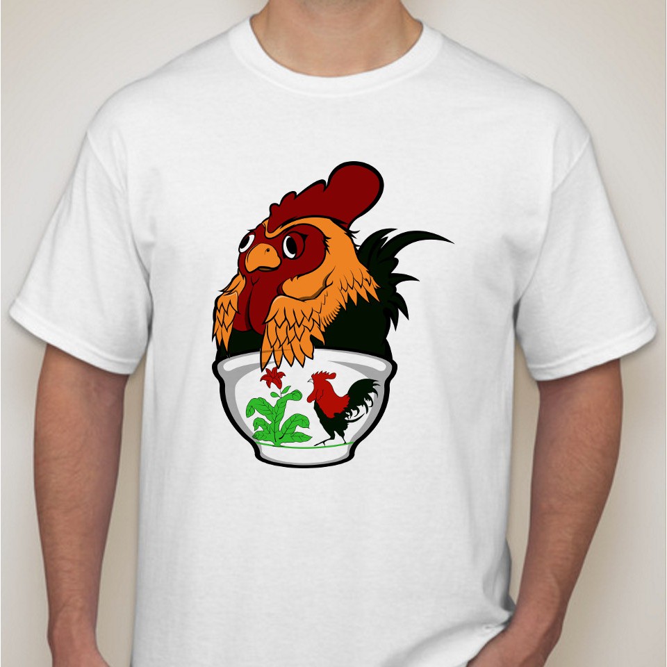 Kaos Mangkok Ayam Jago Vektor Combed20s Unisex Putih Sablon