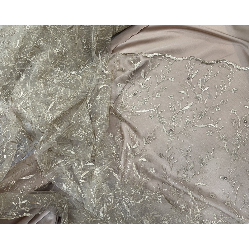 Bahan Kain Tile Mutiara Bordir untuk kombinasi Gaun kondangan Pernikahan