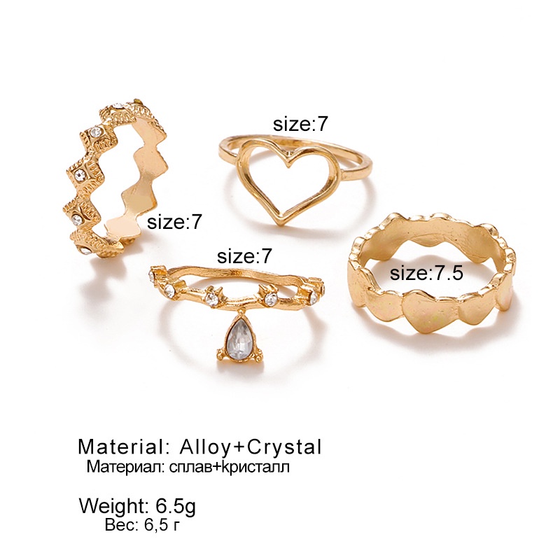 4 piece set crystal love heart combination ring set all-match fashion Punk ring for women