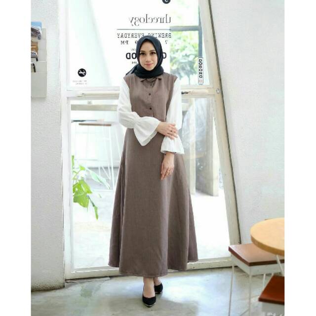 Gamis Linen Import kombinasi Wolfis Import Tebal