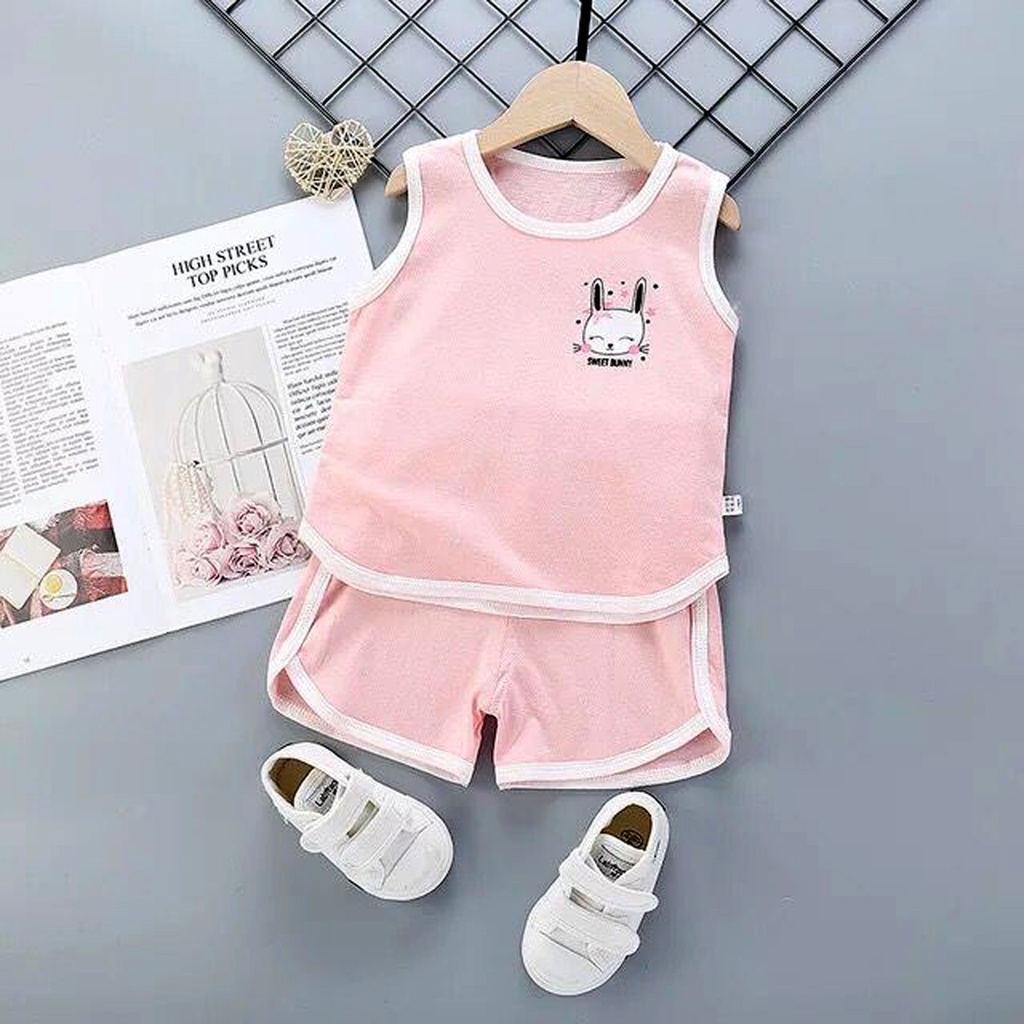 Baju Setelan Kutung Anak Import Set Baju Tangan Buntung Anak Bayi Lucu Summer Set Baju Tanpa Lengan Anak Lucu Bahan Katun Premium Bunny