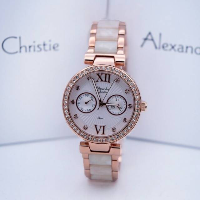 Jam Tangan Cantik Fashion Alexandre Christie AC 2514 Rosegold Ceramik White Original