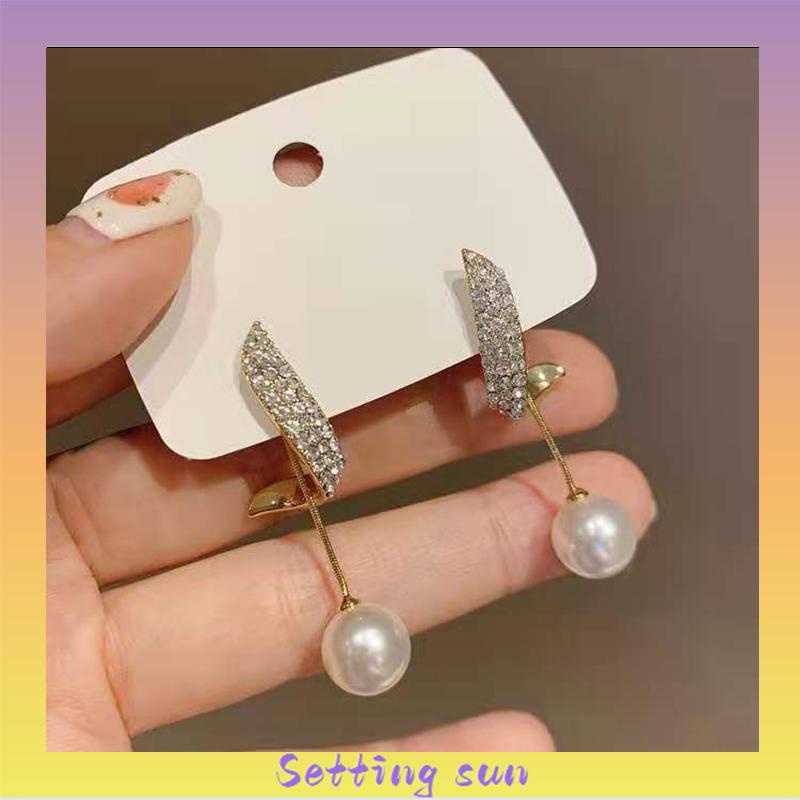 Elegan Berlian Mutiara Fashion Sederhana Temperamen Wanita Anting Rumbai Panjang TN