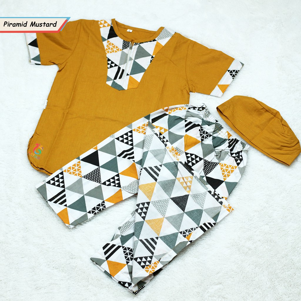 SARKOCI ANAK MOTIF PIRAMID MUSTARD/BAJU KOKO ANAK/SARKOCI ANAK/SARKOCI MODERN