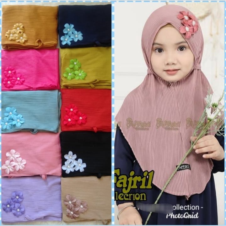 PROMO / Jilbab Plisket Anak / Jilbab Plisket Anak Perempuan / Jilbab Anak Motif 3 Bunga Di Kepala / 