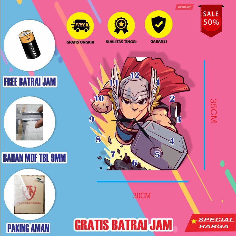 JAM DINDING KAYU UNIK ANGKA BESAR KARAKTER MARVEL THOR MURAH DEKORASI DINGDING KAMAR ANAK COWO KOLEKSI HADIAH KADO ULANG TAHUN LUCU KEREN TEBAL MURAH TEMPEL TEMBOK
