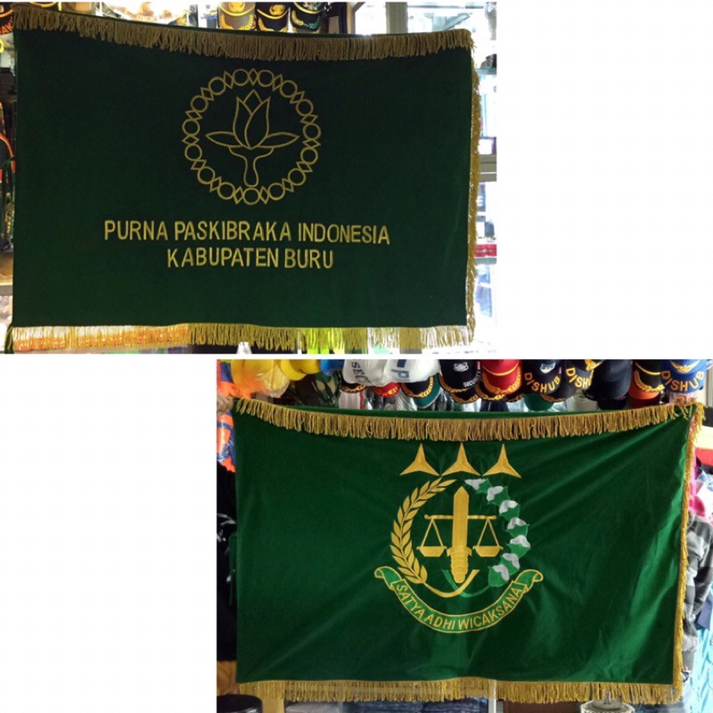 Bendera pataka bordiran bolak balik bahan bludru pakai benang emas dan rumbai emas logo castom