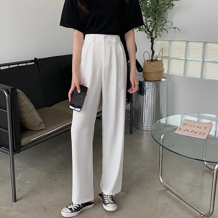 Celana Kasual Wanita Putih Fashion Korean Style High Waist Straight Pants