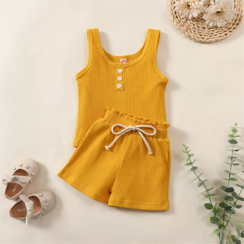 Setelan Andien 6 bulan - 2 Tahun / Setelan Singlet Katung Tanpa Lengan / Setelan Anak Bayi Hotpants Tali Rib / Ribbed Tank Set