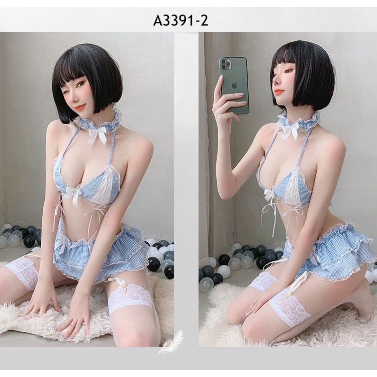 Wanita Lingerie Sexy Pembantu Nakal Seragam Cosplay Bikini Seksi kotak-kotak Rok Mini Set ​3A391-3