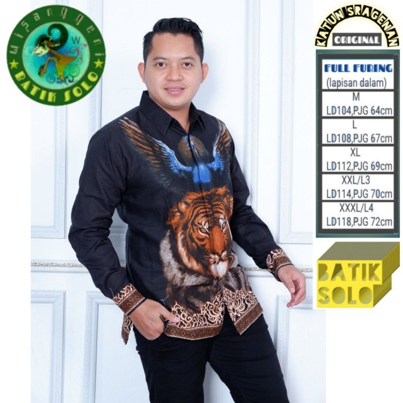 BAJU KEMEJA ATASAN BATIK PRIA MODERN MOTIF BURUNG MACAN HITAM