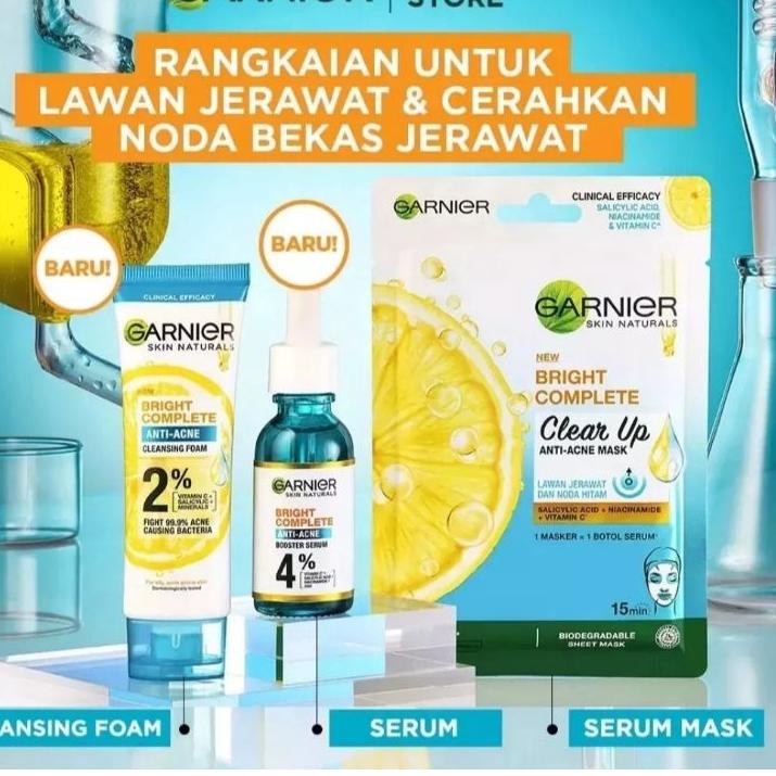 trx2i2Hw-- Paket ISI 2  Garnier Bright Complete 3 in 1 Anti Acne 90 ml + Serum Garnier Anti Acne 7.5