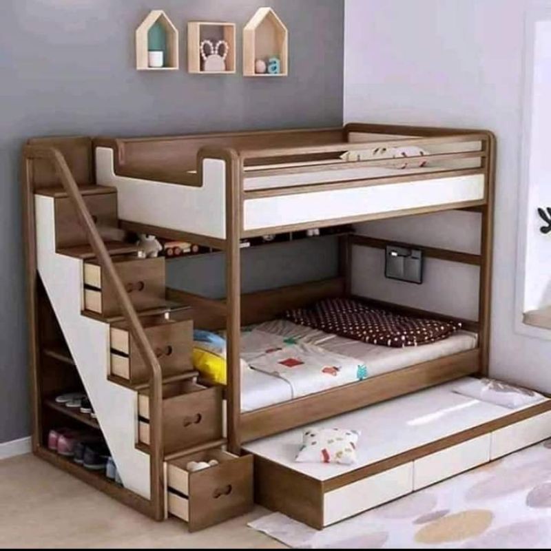 ranjang tingkat anak matrial kayu jati warna natural kombinasi cat duco putih custom