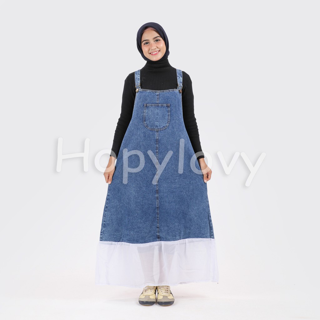 HOPYLOVY - Overall Rok Panjang Jeans Washed Aura Kombinasi Sifon Putih