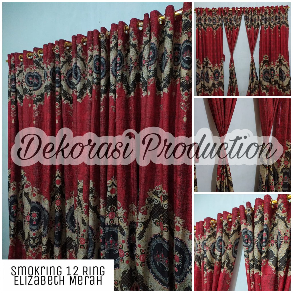 Tirai Gorden Hordeng Smokring 12 Ring 6 Gelombang Bisa Pintu / Jendela Motif Sultan Elizabeth Merah