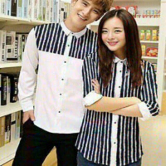 Kemeja couple salur hitam putih - baju pasangan high quality