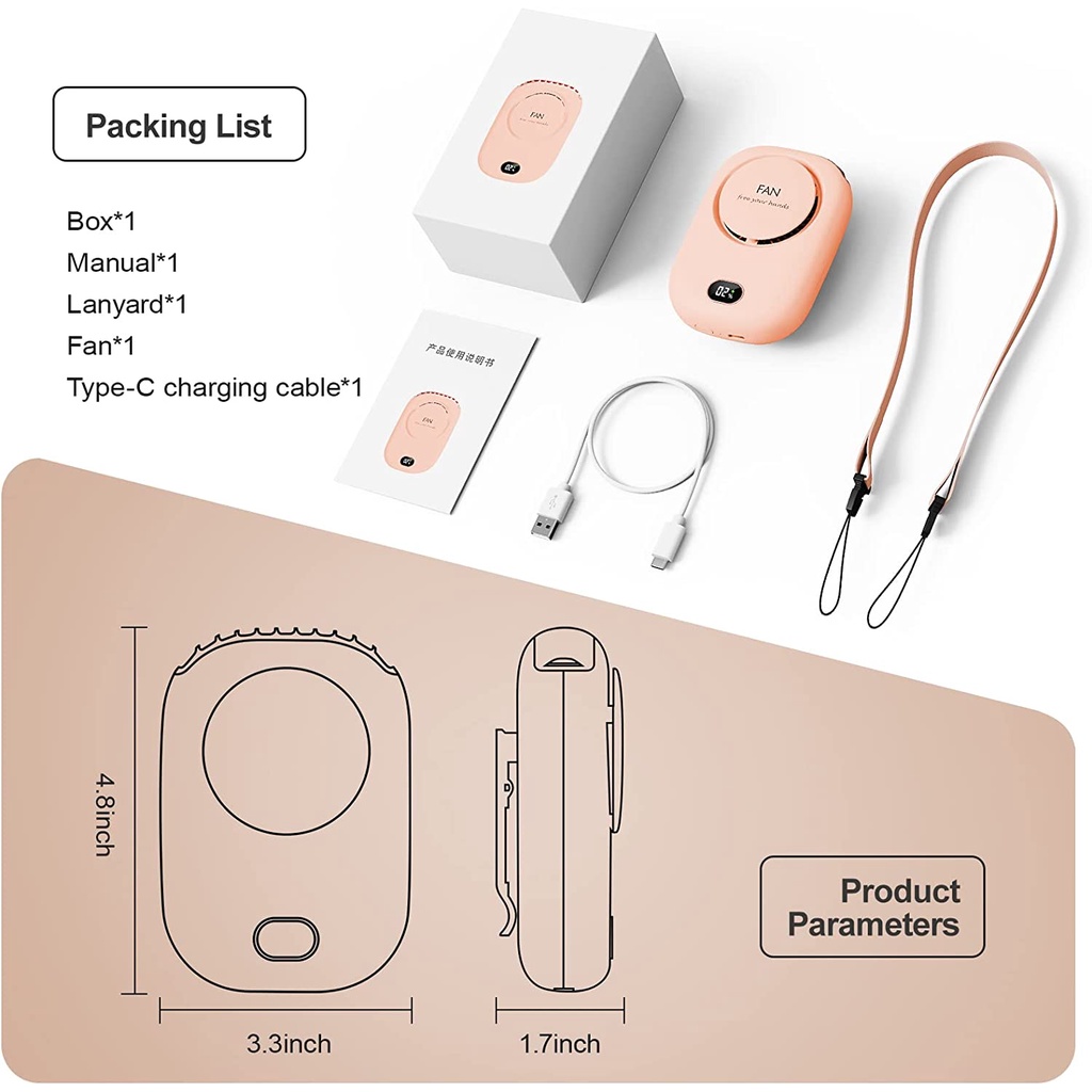 2000mah Kipas Angin Mini Portable Gantung Leher Usb Charge Model Gantung Tampilan Pengisian Daya