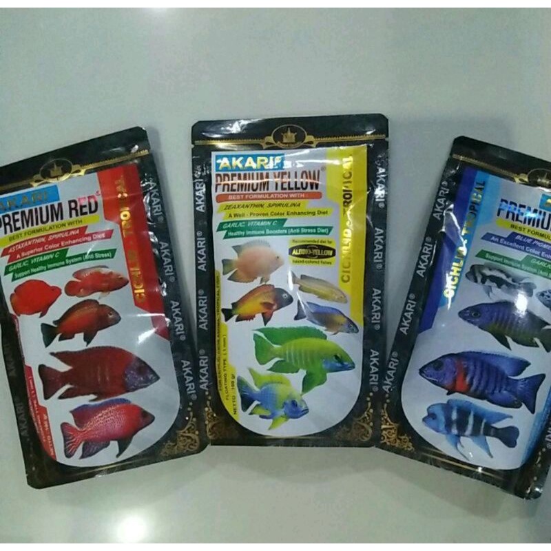

Akari Premium Yellow, BLuE, RED Cichlid Tropical 100Gram. Pelet Cichlid/Pelet MURAH