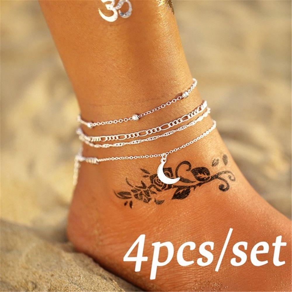 Lily 4PCS /Set Gelang Kaki Bulan Boho Manik-Manik Warna Silver Multilayer Barefoot Anklet