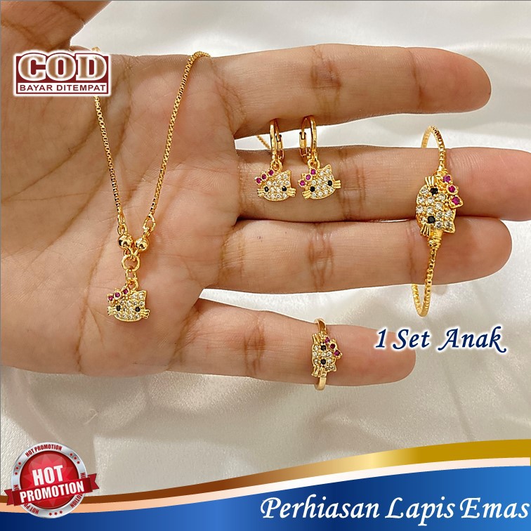 Set Perhiasan Anak Perempuan Hello kitty Full Permata Liontin Cincin Kalung Gelang Anting Lapis Emas