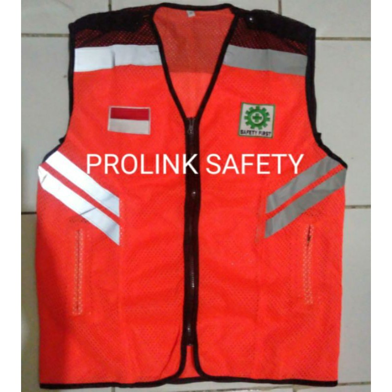 ROMPI SAFETY BAHAN JARING ORANYE HITAM FREE LOGO K3 BENDERA