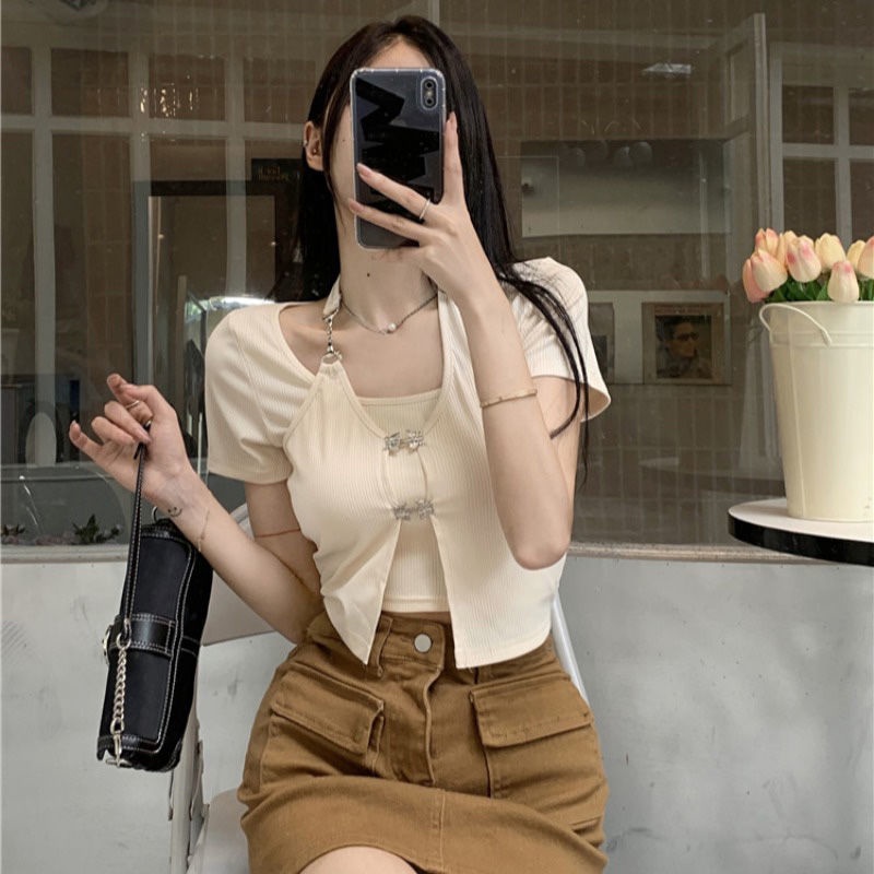 2022 Musim Panas Baru Gadis Panas Acara Navel Show Tipis Palsu Dua Potong Menggantung Leher Lengan P