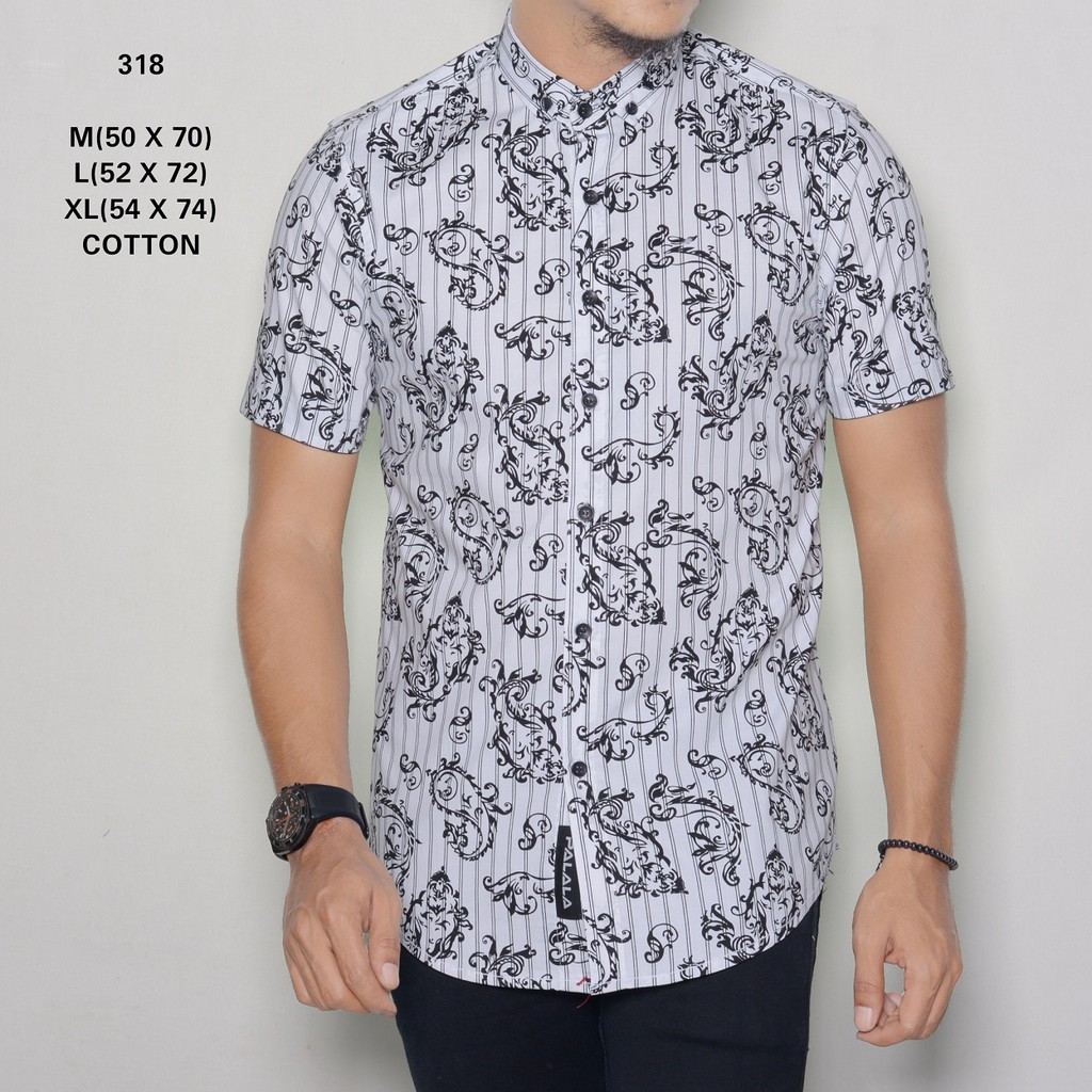 Kemeja Pendek Putih Motif Hitam Semi Batik - TMS012