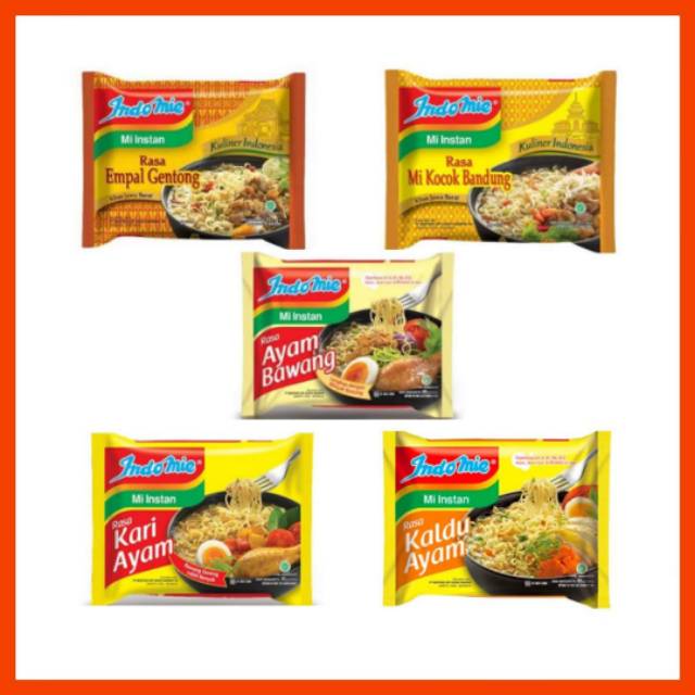 

Indomie kuah (5 pcs) ayam bawang/empal gentong/kocok bandung/kari ayam/kaldu ayam